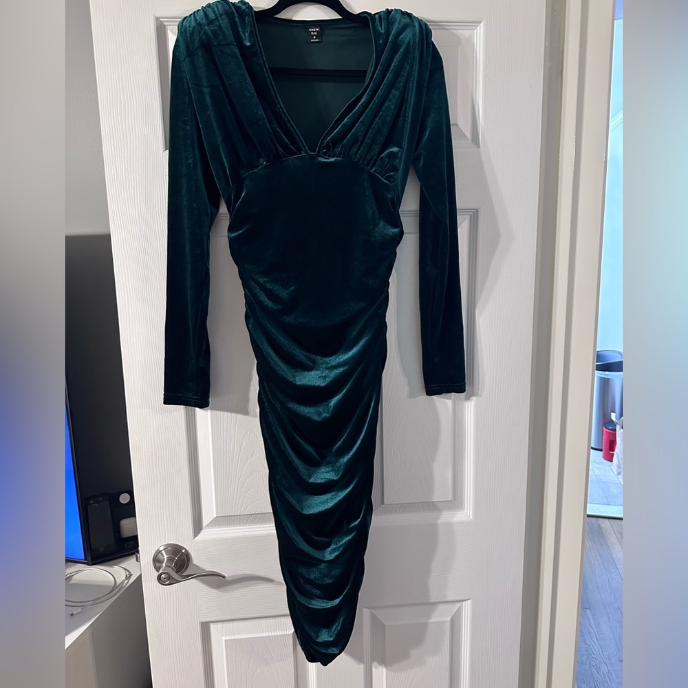 SHEIN Deep Teal Velvet Long Sleeve Dress